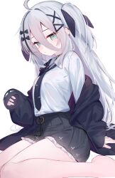 Rule 34 | 1girl, ahoge, aqua eyes, barefoot, black jacket, black necktie, black ribbon, black skirt, collared shirt, eip (pepai), grey hair, hair ornament, hair ribbon, highres, jacket, looking at viewer, necktie, o-ring, off shoulder, open clothes, open jacket, original, pleated skirt, ribbon, shirt, simple background, sitting, skirt, sleeves past wrists, solo, thighs, tie clip, two side up, wariza, white background, white shirt, x hair ornament