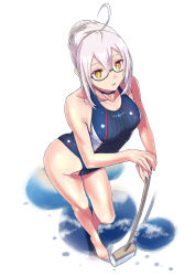 Rule 34 | 1girl, ahoge, artoria pendragon (fate), barefoot, black-framed eyewear, black choker, blue one-piece swimsuit, braid, broom, choker, competition swimsuit, fate/grand order, fate (series), french braid, full body, highres, holding, holding broom, leaning to the side, logo, looking at viewer, mysterious heroine x alter (fate), nail polish, nenchi, one-piece swimsuit, open mouth, pink nails, semi-rimless eyewear, short hair, silver hair, simple background, solo, standing, swimsuit, under-rim eyewear, wet, white background, yellow eyes