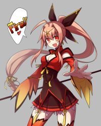 Rule 34 | 1girl, breasts, cleavage, cleavage cutout, clothing cutout, dress, elsword, english text, ignia (elsword), long hair, looking at viewer, pink hair, ponytail, red dress, red eyes, red legwear, ribbon, simple background, solo, tiara, waero