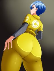 Rule 34 | 1girl, ass, blue eyes, blue hair, bodysuit, bulma, capsule corp, curvy, derivative work, dragon ball, dragon ball super, dragon ball super super hero, earrings, from behind, grey background, highres, huge ass, jewelry, jumpsuit, kmkz-art, long sleeves, mature female, short hair, simple background, skin tight, smile, thick thighs, thighs, wide hips, yellow bodysuit