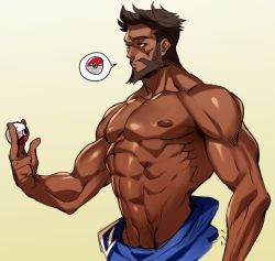 Rule 34 | 1boy, abs, archie (pokemon), beard, brown hair, commentary, creatures (company), dark-skinned male, dark skin, english commentary, facial hair, game freak, hand up, holding, holding poke ball, male focus, muscular, muscular male, na insoo, nintendo, poke ball, poke ball (basic), pokemon, pokemon oras, red eyes, shiny skin, short hair, sketch, solo, spoken object, team aqua, topless male, upper body