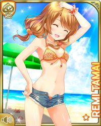 Rule 34 | 1girl, :d, arms up, beach, bikini, bikini top only, brown eyes, brown hair, card (medium), character name, cowboy shot, day, denim, denim shorts, closed eyes, girlfriend (kari), legs apart, looking at viewer, low twintails, ocean, official art, open mouth, orange bikini, outdoors, qp:flapper, sand, short shorts, shorts, sky, smile, solo, standing, swimsuit, tamai remi, thighs, twintails, water