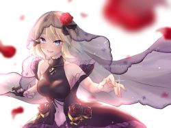 Rule 34 | 1girl, absurdres, artist name, azur lane, bare shoulders, black bow, black dress, black flower, black gloves, black rose, blonde hair, blue eyes, blush, bow, bridal veil, clothing cutout, commentary request, cross, dress, falling petals, flower, gloves, hair bow, hair flower, hair ornament, highres, iron cross, jewelry, kurono hyouka, looking at viewer, navel, navel cutout, necklace, open mouth, ornate ring, petals, red flower, red rose, ring, rose, rose petals, short hair, sidelocks, single glove, smile, solo, standing, stomach, twitter username, upper body, veil, wedding dress, wedding ring, z23 (azur lane), z23 (schwarze hochzeit) (azur lane)