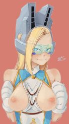 Rule 34 | 10s, 1girl, animal ears, animal hands, bad id, bad pixiv id, bare shoulders, bell, between breasts, blonde hair, blue-tinted eyewear, blue eyes, blush, boku no hero academia, breasts, breasts out, cat ears, closed mouth, clothes between breasts, facial mark, fake animal ears, glasses, gloves, half-closed eyes, highres, inverted nipples, jingle bell, large breasts, long hair, looking at viewer, nipples, no bra, paw gloves, pixie-bob (boku no hero academia), sleeveless, smile, solo, sushoartworks, tinted eyewear, upper body, visor