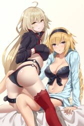 Rule 34 | (fate) (all), 2girls, :o, ahoge, arm support, ass, basil (st 1), belt, bikini, black bikini, black gloves, blonde hair, blue eyes, blue jacket, blush, braid, breasts, cleavage, collarbone, commentary request, fate/grand order, fate (series), front-tie bikini top, front-tie top, gloves, hair between eyes, hairband, highres, jacket, jeanne d&#039;arc alter (swimsuit berserker) (fate), jeanne d&#039;arc (fate), jeanne d&#039;arc (ruler) (fate), jeanne d&#039;arc (swimsuit archer) (fate), jeanne d&#039;arc (swimsuit archer) (first ascension) (fate), jeanne d&#039;arc alter (fate), jeanne d&#039;arc alter (swimsuit berserker) (fate), large breasts, leg belt, long hair, long sleeves, looking at viewer, looking back, medium breasts, multiple girls, navel, open clothes, open jacket, parted lips, red legwear, shrug (clothing), single braid, single thighhigh, sitting, smile, stomach, swimsuit, thighhighs, thighs, very long hair, yellow eyes