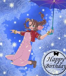 Rule 34 | 1girl, aerith gainsborough, bangle, blue background, blue flower, blue rose, boots, bracelet, braid, braided ponytail, breasts, brown hair, buttons, cropped jacket, curly hair, dress, final fantasy, final fantasy vii, floral background, flower, full body, green eyes, hair ribbon, happy, holding, holding umbrella, jacket, jewelry, jumping, long dress, long hair, medium breasts, open mouth, parted bangs, pink dress, pink ribbon, purple umbrella, red jacket, ribbon, rose, shiko jumpa, short sleeves, sidelocks, smile, solo, teeth, umbrella, upper teeth only
