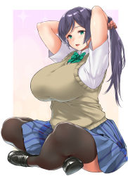 Rule 34 | 1girl, arms behind head, arms up, black footwear, black thighhighs, blue skirt, blush, bow, bowtie, breasts, curvy, green bow, green bowtie, green eyes, hair ornament, hair scrunchie, highres, huge breasts, indian style, kemigawa mondo, long hair, looking at viewer, love live!, love live! school idol project, low twintails, open mouth, otonokizaka school uniform, pink scrunchie, purple hair, school uniform, scrunchie, shirt, short sleeves, sidelocks, sitting, skirt, smile, solo, summer uniform, sweater vest, thick thighs, thighhighs, thighs, tojo nozomi, twintails, vest, white shirt, yellow vest