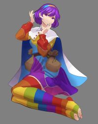 Rule 34 | 1girl, absurdres, belt, blue cape, brown belt, cape, closed mouth, commission, dress, feet, fingernails, full body, grey background, hairband, happy, highres, long sleeves, multicolored clothes, multicolored dress, multicolored hairband, multicolored nails, multicolored socks, nail polish, nezo, pouch, puffy sleeves, purple eyes, purple hair, rainbow gradient, short hair, simple background, smile, solo, tenkyuu chimata, thighhighs, toeless legwear, toenail polish, toenails, toes, touhou, two-tone cape, white cape