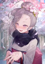 Rule 34 | 1girl, blue archive, cherry blossoms, flower, fur scarf, grey hair, grey kimono, hair bun, hair flower, hair ornament, halo, highres, japanese clothes, kimono, long hair, looking to the side, maotoutui, mutsuki (blue archive), mutsuki (new year) (blue archive), obi, open mouth, outdoors, own hands together, petals, pink flower, pointy ears, sash, single hair bun, smile, solo, steepled fingers, tree, upper body