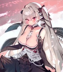 Rule 34 | 1girl, azur lane, between breasts, black nails, blush, breasts, bridal gauntlets, clothes lift, cropped, detached sleeves, dress, dress lift, formidable (azur lane), grey hair, hair between eyes, hair ribbon, highres, large breasts, long hair, nail polish, non-web source, parted lips, red eyes, ribbon, scan, solo, soukou makura, twintails, very long hair, water