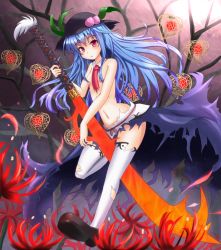 Rule 34 | 1girl, blue hair, chinese lantern (plant), detached collar, female focus, flower, food, fruit, hat, hinanawi tenshi, long hair, mary janes, necktie, peach, red eyes, shoes, skirt, solo, spider lily, sumapan, sword of hisou, thighhighs, topless, torn clothes, touhou, white thighhighs
