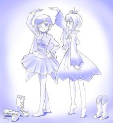 Rule 34 | 2girls, blue theme, boots, unworn boots, cape, commentary request, height conscious, height difference, iesupa, monochrome, multiple girls, pantyhose, ruby rose, rwby, weiss schnee