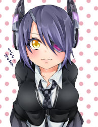 Rule 34 | 10s, 1girl, bad id, bad pixiv id, breasts, checkered clothes, checkered necktie, checkered neckwear, danimaru, eyepatch, headgear, kantai collection, large breasts, necktie, personification, polka dot, polka dot background, purple hair, short hair, solo, tears, tenryuu (kancolle), translated, yellow eyes