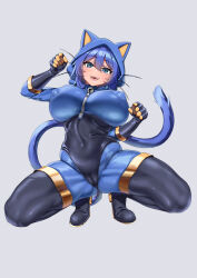 1girl :d animal_ears bell black_footwear black_gloves blu_pyro_(tf2) blue_bodysuit blue_eyes blue_hair bodysuit boots breasts breasts_apart cameltoe cat_ears cat_tail commentary commission covered_erect_nipples covered_navel english_commentary fake_animal_ears fake_tail full_body genderswap genderswap_(otf) gloves grey_background highres impossible_bodysuit impossible_clothes kanachirou large_breasts latex latex_bodysuit neck_bell open_mouth pyro_(tf2) simple_background smile solo squatting tail team_fortress_2 thigh_boots