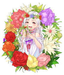Rule 34 | 1girl, :d, agnamore, bad id, bad pixiv id, bare shoulders, bouquet, collarbone, commentary request, dress, earrings, flower, flower wreath, half-closed eyes, head wreath, holding, holding bouquet, jewelry, long hair, looking at viewer, off-shoulder dress, off shoulder, open mouth, original, puffy short sleeves, puffy sleeves, purple flower, red eyes, red flower, red rose, rose, round teeth, short sleeves, silver hair, smile, solo, teeth, upper teeth only, very long hair, white background, white dress, white flower, yellow flower