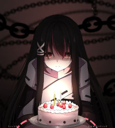 Rule 34 | 1girl, black hair, blurry, blurry background, brown hair, cake, candle, chain, closed mouth, commentary, copyright request, depth of field, eyebrows hidden by hair, fire, food, fruit, hair between eyes, hair ornament, highres, lawnielle, long hair, multicolored hair, purple hair, ribbon trim, shaded face, signature, smile, solo, stitches, strawberry, streaked hair, tray, upper body, very long hair, virtual youtuber, x hair ornament