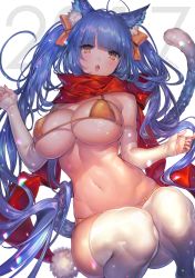 Rule 34 | 1girl, 2017, :o, ahoge, animal ears, bare shoulders, bikini, blue hair, blunt bangs, blush, breasts, cat ears, cat tail, cleavage, covered erect nipples, detached sleeves, eyelashes, fangs, fingernails, halterneck, kinm, large breasts, lens flare, long hair, looking at viewer, messy hair, nail polish, navel, open mouth, original, palms, pink nails, pom pom (clothes), red scarf, scarf, shade, shiny clothes, skindentation, sleeves past wrists, solo, stomach, strap gap, string bikini, swimsuit, tail, thighhighs, toned, twitter username, very long hair, white background, white thighhighs, yellow bikini, yellow eyes
