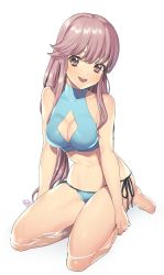 Rule 34 | 1girl, barefoot, bikini, breasts, cleavage, cleavage cutout, clothing cutout, feet, full body, highres, in water, long hair, looking at viewer, murata tefu, navel, open mouth, side-tie bikini bottom, simple background, smile, solo, swimsuit, white background