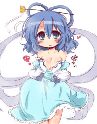 Rule 34 | 1girl, aqua dress, bare shoulders, blue eyes, blue hair, breasts, cleavage, collarbone, dress, hair ornament, hair rings, hair stick, heart, kaku seiga, large breasts, looking at viewer, matching hair/eyes, muuba, off shoulder, open clothes, open vest, simple background, skull, solo, symbol-shaped pupils, touhou, vest, white background
