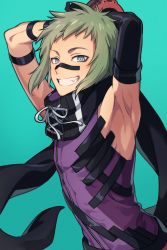 Rule 34 | 1boy, armlet, armpits, arms behind head, arms up, asada hachi, bandaid, bandaid on face, bandaid on nose, black gloves, black scarf, blue eyes, commentary, elbow gloves, floating hair, floating scarf, gloves, god eater, god eater 3, green background, green hair, grin, highres, looking at viewer, male focus, purple shirt, scarf, shirt, short hair, simple background, single glove, sleeveless, sleeveless shirt, smile, solo, teeth, twitter username, upper body, watermark, zeke pennywort