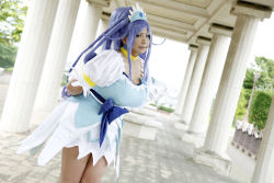 Rule 34 | 1girl, ankle boots, arms behind back, asian, blue eyes, blue hair, boots, bow, bracelet, breasts, choker, chouzuki maryou, cosplay, cure diamond, cure diamond (cosplay), dokidoki! precure, dress, headpiece, jewelry, large breasts, leaning forward, long hair, magical girl, matching hair/eyes, photo (medium), plump, ponytail, precure, puffy short sleeves, puffy sleeves, ribbon, short sleeves, solo, tiara