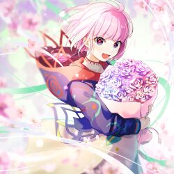 Rule 34 | 1girl, abstract background, blue eyes, blue hoodie, bouquet, cherry blossoms, commentary, cosmos (cos mos f), cowboy shot, dress, english commentary, falling petals, floating hair, flower, hair tubes, highres, holding, holding bouquet, hood, hood down, hoodie, kaf (kamitsubaki studio), kamitsubaki studio, light blush, long sleeves, looking at viewer, looking to the side, low ponytail, multicolored background, multicolored clothes, multicolored eyes, multicolored hoodie, open mouth, petals, pink flower, red eyes, smile, solo, standing, virtual youtuber, white dress, yellow pupils