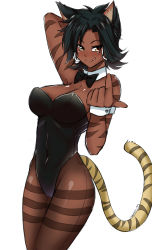 Rule 34 | 1girl, :q, absurdres, animal ears, beckoning, black hair, black leotard, black neckwear, black pantyhose, breasts, cleavage, cowboy shot, dark-skinned female, dark skin, detached collar, earrings, highleg, highleg leotard, highres, hoop earrings, jewelry, kittysuit, large breasts, leotard, looking at viewer, nontraditional playboy bunny, pantyhose, playboy bunny, rwby, short hair, sienna khan, solo, tail, thighband pantyhose, tiger ears, tiger stripes, tiger tail, tongue, tongue out, yellow eyes, z666ful