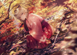 Rule 34 | 1girl, absurdres, animal, arm guards, autumn leaves, blurry, blurry foreground, boots, bow, branch, brown bow, brown eyes, brown footwear, brown hair, bug, butterfly, closed mouth, commentary request, depth of field, dutch angle, fate/grand order, fate (series), frog, hair between eyes, hair bow, hakama, hakama skirt, hand up, high heel boots, high heels, highres, insect, japanese clothes, junpaku karen, katana, kimono, koha-ace, long sleeves, okita souji (fate), okita souji (koha-ace), pink kimono, rain, red eyes, red hakama, revision, shallow water, skirt, smile, solo, squatting, sword, water, weapon, wide sleeves