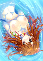 Rule 34 | 1girl, araiguma, bangle, blush, bracelet, breasts, brown eyes, brown hair, earrings, flower, hair ornament, hairpin, jewelry, large breasts, long hair, looking at viewer, nipples, original, partially submerged, petals, smile, solo, water, wet, wrist cuffs