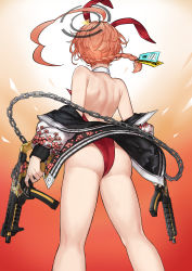 Rule 34 | 1girl, absurdres, animal ears, ass, back, bare back, bare shoulders, black jacket, blue archive, braid, chain, choker, dual wielding, facing away, fake animal ears, feet out of frame, from behind, gradient background, gun, highres, holding, holding weapon, jacket, leotard, long hair, long sleeves, makarony, neru (blue archive), neru (bunny) (blue archive), off shoulder, playboy bunny, rabbit ears, red leotard, solo, standing, thighs, weapon