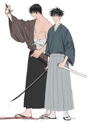 Rule 34 | 2boys, abs, absurdres, black hair, blood, blood on face, bloody weapon, closed mouth, eyelashes, father and son, full body, fushiguro megumi, fushiguro touji, hakama, hakama skirt, highres, holding, holding sword, holding weapon, japanese clothes, jujutsu kaisen, katana, kimono, li chestnuts, long sleeves, looking at viewer, male focus, mature male, multiple boys, muscular, muscular male, nipples, pectorals, sandals, sarashi, short hair, simple background, skirt, socks, spiked hair, sword, weapon, wide sleeves