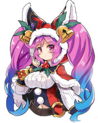 Rule 34 | 1girl, bell, belt, blue hair, blush, breasts, brown belt, capelet, christmas, cleo (dragalia lost), closed mouth, commentary request, cropped torso, dragalia lost, fur-trimmed capelet, fur-trimmed hood, fur trim, gradient hair, hand up, hood, hood up, hooded capelet, large breasts, long hair, long sleeves, looking at viewer, multicolored hair, navel, o-ring, o-ring belt, pink hair, puffy long sleeves, puffy sleeves, red capelet, red eyes, santa costume, simple background, solo, twintails, unname, upper body, very long hair, white background