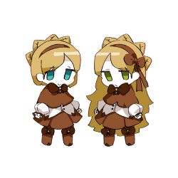 Rule 34 | 1boy, 1girl, aqua eyes, blonde hair, boots, brown capelet, brown headband, brown ribbon, brown skirt, capelet, chibi, closed mouth, full body, green eyes, hair ribbon, headband, highres, lobotomy corporation, long hair, long sleeves, matching outfits, nonga, pleated skirt, project moon, ribbon, skirt, smile, standing, tiphereth a (project moon), tiphereth b (project moon), very long hair, white background