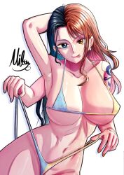 Rule 34 | 1girl, bikini, breasts, fusion, heterochromia, large breasts, mifenami, multicolored hair, multiple arms, nami (one piece), nico robin, one piece, shoulder tattoo, swimsuit, tattoo, tongue, tongue out, two-tone hair