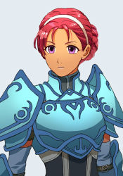 Rule 34 | 1girl, arm belt, armor, arms at sides, breastplate, closed mouth, dark skin, donta30303, elbow pads, elbow sleeve, fiona (fire emblem), fire emblem, hairband, looking at viewer, nintendo, purple eyes, red hair, short hair, shoulder armor, simple background, upper body