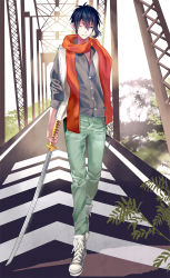 Rule 34 | 10s, 1boy, black hair, blue eyes, bridge, buttons, cardigan, chain, contemporary, cross-laced footwear, denim, full body, green pants, hair between eyes, holding, holding sword, holding weapon, jeans, katana, looking at viewer, male focus, midorikawamamoru, mikazuki munechika, one eye closed, outdoors, pants, red scarf, road, scarf, shoes, sleeves rolled up, smile, sneakers, solo, sunlight, sword, touken ranbu, vest, walking, weapon, zipper
