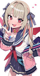 1girl absurdres belt_collar blue_sailor_collar blue_skirt blush collar fang grey_hair hair_ribbon hand_on_own_hip heart highres jacket long_hair long_sleeves looking_at_viewer makaino_ririmu makaino_ririmu_(4th_costume) morumoru_x multicolored_hair multicolored_nails nail_polish nijisanji open_clothes open_jacket open_mouth pink_hair pink_jacket pointy_ears red_collar red_eyes red_wings ribbon sailor_collar school_uniform serafuku simple_background skirt smile solo streaked_hair two-tone_hair v virtual_youtuber white_background wings