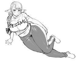 Rule 34 | 1girl, belly, blush, braid, breasts, dutch angle, elf-san wa yaserarenai., erufuda-san, food, food on face, greyscale, large breasts, leg lift, long hair, looking at viewer, midriff, monochrome, monochrome, plump, pointy ears, raised eyebrows, simple background, solo, sweat, synecdoche, thick thighs, thighs, white background