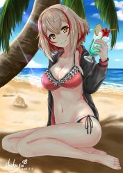 Rule 34 | 1girl, ass, azur lane, barefoot, bikini, blonde hair, blue sky, blush, breasts, brown eyes, chushou wang, cleavage, cloud, collarbone, cup, dated, day, drinking glass, groin, hair between eyes, head tilt, headgear, highres, holding, holding cup, holding drinking glass, large breasts, looking at viewer, multicolored hair, navel, ocean, open clothes, outdoors, palm tree, parka, red hair, roon (azur lane), short hair, side-tie bikini bottom, sidelocks, signature, sitting, sky, smile, solo, stomach, swimsuit, tree, tropical drink, yokozuwari