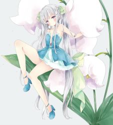 Rule 34 | 1girl, absurdres, bad id, bad pixiv id, bare arms, bare shoulders, blue dress, blue eyes, blue footwear, blush, closed mouth, commentary request, dress, flower, frilled dress, frills, green ribbon, grey background, hair ribbon, head tilt, high heels, highres, knee up, long hair, mini person, minigirl, original, ribbon, shoes, silver hair, simple background, sitting, smile, solo, strapless, strapless dress, tsukiyo (skymint), twintails, very long hair, water drop, white flower