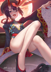 Rule 34 | 1girl, absurdres, black dress, black footwear, black hat, blush, breasts, china dress, chinese clothes, cleavage cutout, clothing cutout, dress, eyeliner, fang, fate/grand order, fate (series), frills, full moon, hair rings, hat, heroic spirit festival outfit, highres, horns, jiangshi, legs, long sleeves, looking at viewer, makeup, moon, nail polish, ofuda, oni, open mouth, pelvic curtain, purple eyes, purple hair, qingdai guanmao, sash, shadowgrave, short eyebrows, short hair, shuten douji (fate), shuten douji (festival outfit) (fate), skin-covered horns, small breasts, smile, solo, thighs, wide sleeves