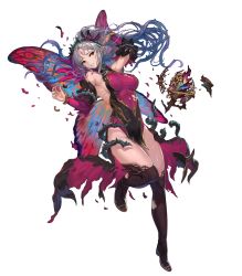Rule 34 | 1girl, bare shoulders, black thighhighs, boots, breasts, butterfly wings, dress, fairy wings, female focus, fire emblem, fire emblem heroes, full body, grey hair, hair ornament, highres, insect wings, large breasts, long hair, nintendo, official art, pelvic curtain, plumeria (fire emblem), pointy ears, red eyes, shiny clothes, shiny skin, sideboob, sleeveless, solo, thigh boots, thighhighs, thorns, torn clothes, transparent background, wings, yoshiku (oden-usagi)