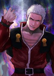 Rule 34 | 1boy, arms up, belt, black belt, black capelet, capelet, collarbone, evil grin, evil smile, grin, highres, looking at viewer, multicolored background, muscular, nanakase yashiro, orochi yashiro, pectoral cleavage, pectorals, red eyes, short hair, smile, the king of fighters, the king of fighters xv, v-shaped eyebrows, white hair, yuu (primenumber7)