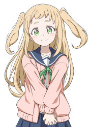 Rule 34 | 1girl, absurdres, alternate hairstyle, blonde hair, blush, closed mouth, crust gm0, dot nose, female focus, green eyes, highres, inose mai, koisuru asteroid, looking at viewer, own hands together, school uniform, smile, standing, sweater, twintails
