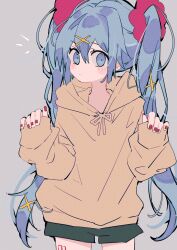 Rule 34 | 1girl, 3774., blue eyes, blue hair, blush stickers, brown hoodie, cowboy shot, green shorts, grey background, hair ornament, hairclip, hands up, hatsune miku, highres, hood, hoodie, long hair, long sleeves, looking at viewer, nail polish, notice lines, pinching sleeves, red nails, red scrunchie, scrunchie, shorts, simple background, sleeves past wrists, solo, twintails, very long hair, vocaloid, x hair ornament