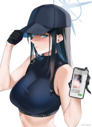 Rule 34 | 1girl, bare shoulders, baseball cap, black hair, black hat, black shirt, blue archive, blue eyes, blue hair, breasts, buckle, cellphone, cellphone photo, censored, chest harness, crop top, english text, gloves, halo, harness, hat, highres, holding, holding phone, implied sex, long hair, looking at viewer, medium breasts, midriff, mosaic censoring, no mask, phone, ryudraw, saori (blue archive), shirt, sleeveless, sleeveless shirt, snap-fit buckle, solo, stomach, sweatdrop, white background