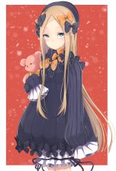 Rule 34 | 1girl, abigail williams (fate), arm at side, black bow, black dress, black hat, blonde hair, bloomers, blue eyes, blush, bow, bug, butterfly, closed mouth, commentary request, dress, fate/grand order, fate (series), forehead, hair bow, hat, highres, hugging object, insect, kokiri miki, long hair, long sleeves, looking at viewer, orange bow, parted bangs, polka dot, polka dot bow, sleeves past wrists, solo, stuffed animal, stuffed toy, teddy bear, underwear, very long hair, white bloomers