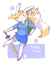 Rule 34 | 1girl, adventure time, backpack, bag, blonde hair, cake (adventure time), cartoon network, cat, fionna campbell, hood, kenoka, looking at viewer, skirt, smile, sword, thighhighs, weapon, white thighhighs, | |