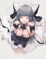 Rule 34 | 1girl, :d, animal ears, azur lane, bent over, bow, bowtie, breasts, cat ears, cheshire (azur lane), cleavage, cropped legs, dress, closed eyes, facing viewer, fake animal ears, fang, hands up, highres, large breasts, maid, maid headdress, open mouth, paw pose, smile, solo, standing, thighhighs, white dress, white thighhighs, wing collar, wrist cuffs, yatsuha (hachiyoh)