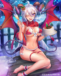 Rule 34 | 1girl, :d, ;d, ahoge, ankleband, asmodeus (lost crusade), barefoot, bikini, blush, braid, breasts, cake, champagne flute, christmas, cup, demon horns, demon tail, demon wings, drinking glass, fence, food, hair between eyes, hair ornament, holding, holding cup, horns, icicle, large breasts, lost crusade, morichika shuuto, navel, night, night sky, official art, one eye closed, open mouth, outdoors, purple eyes, red bikini, red scarf, scarf, sitting, sky, smile, snow, snowing, snowman, solo, sweatdrop, swimsuit, tail, tree, white hair, wings, wooden fence